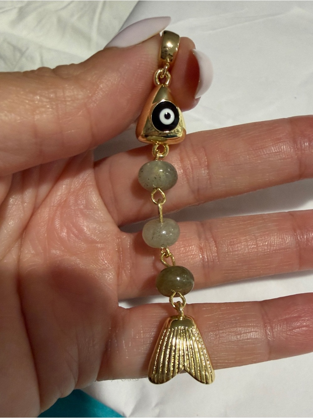 Gold Tone Evil Eye & Labradorite Fish Reversible Dangle Pendant